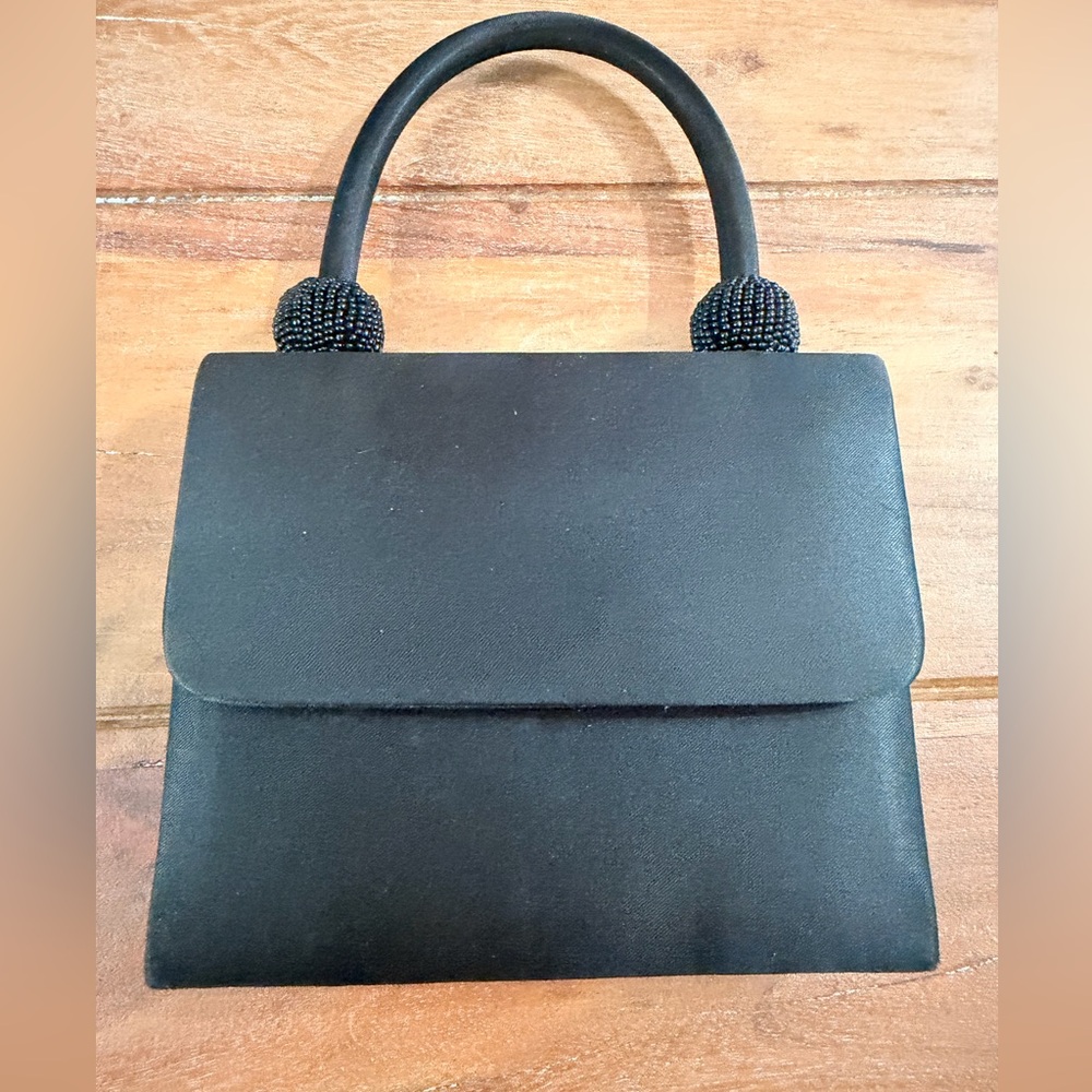 Vintage JR Florida USA Black Satin Evening Handbag Beaded Top Handle